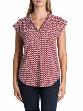Jachs Girlfriend Quinn Red White Chevron Short Sleeve Button Down Blouse Size S